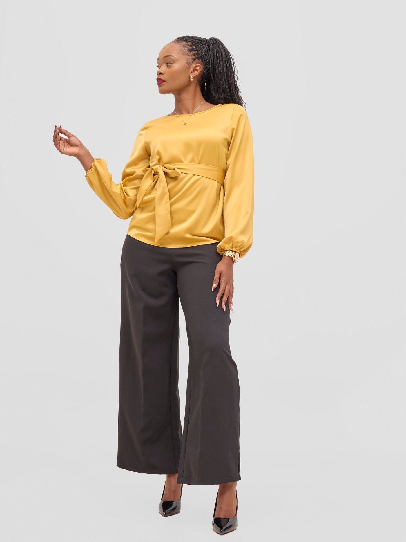 Vivo Meli Bishop Sleeve Tie Top - Mustard - Shopzetu