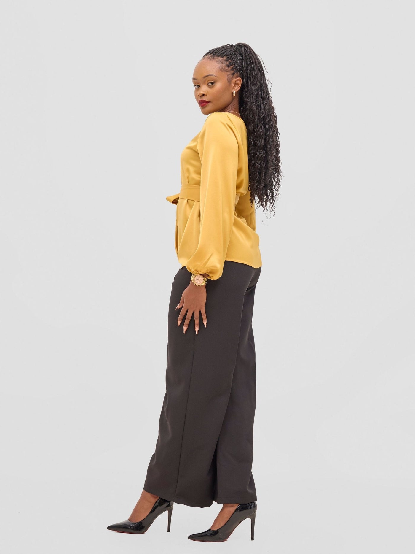 Vivo Meli Bishop Sleeve Tie Top - Mustard - Shopzetu