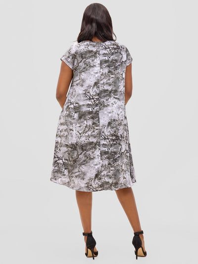 Vivo Sierra Cap Sleeve Tent Chiffon Dress - Grey / Black Print - Shopzetu