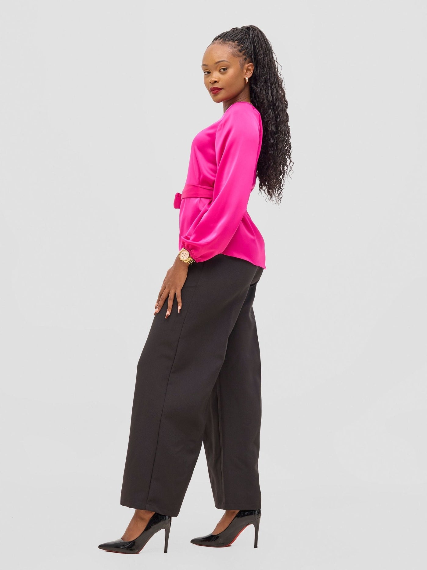 Vivo Meli Bishop Sleeve Tie Top - Hot Pink - Shopzetu