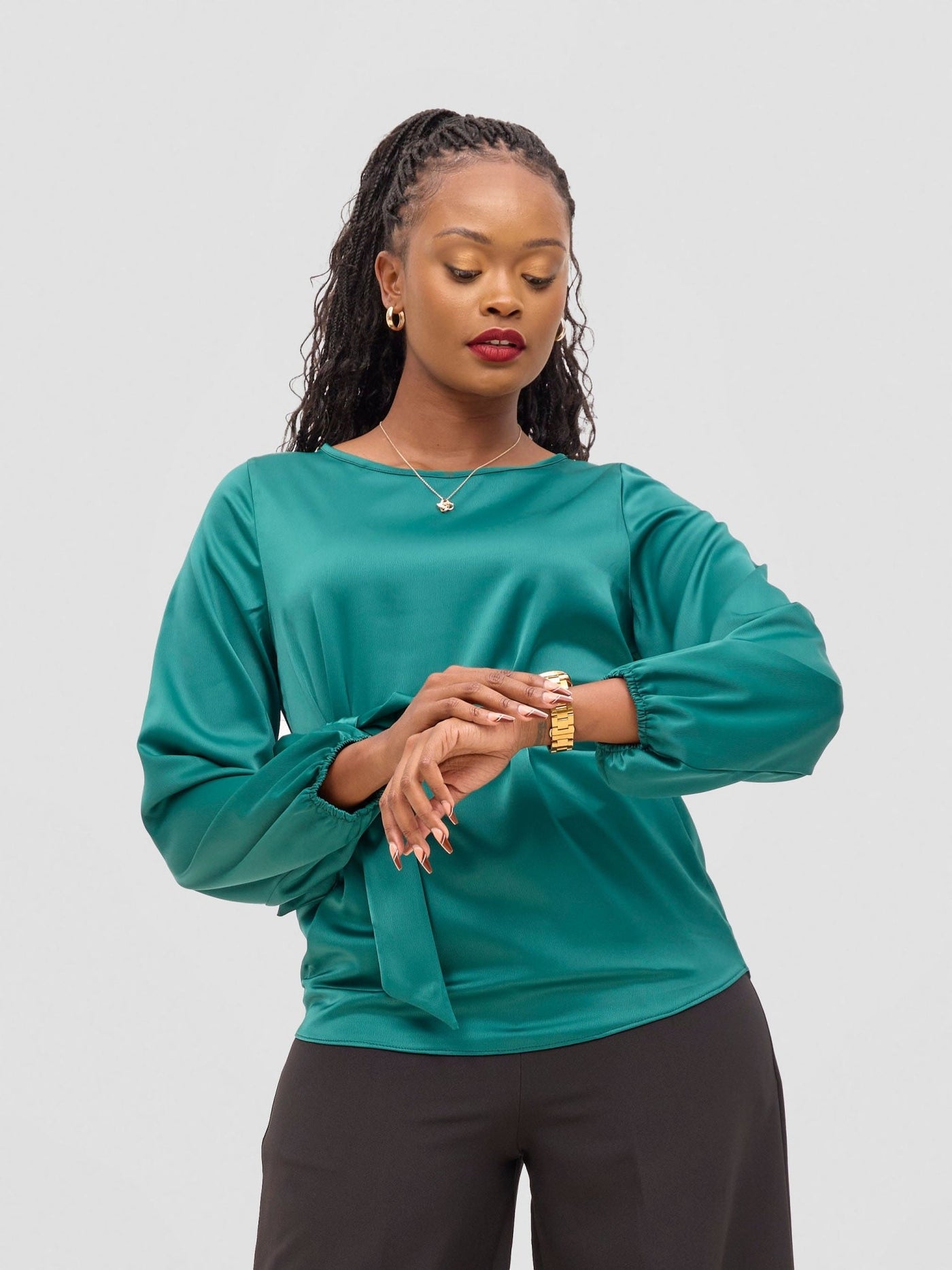 Vivo Meli Bishop Sleeve Tie Top - Dark Green - Shopzetu