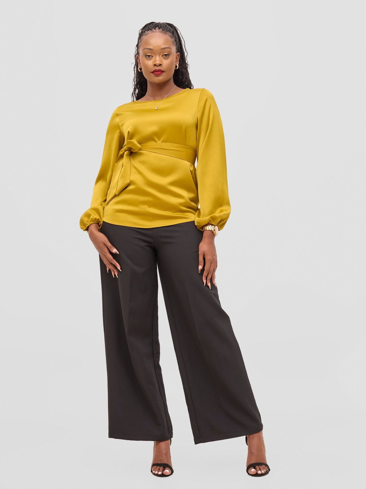 Vivo Meli Bishop Sleeve Tie Top - Dark Mustard - Shopzetu