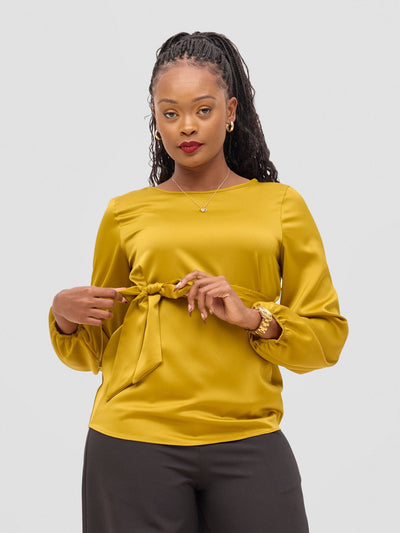 Vivo Meli Bishop Sleeve Tie Top - Dark Mustard - Shopzetu