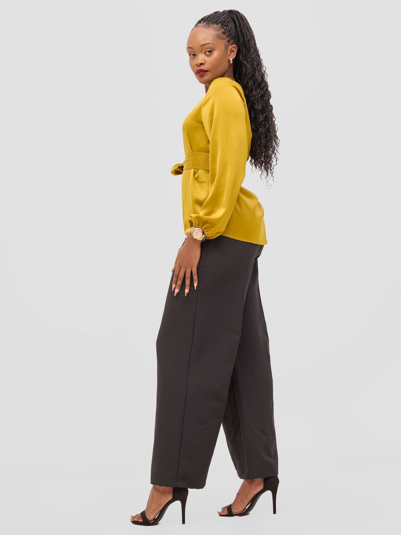 Vivo Meli Bishop Sleeve Tie Top - Dark Mustard - Shopzetu