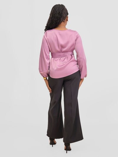 Vivo Meli Bishop Sleeve Tie Top - Dusty Pink - Shopzetu