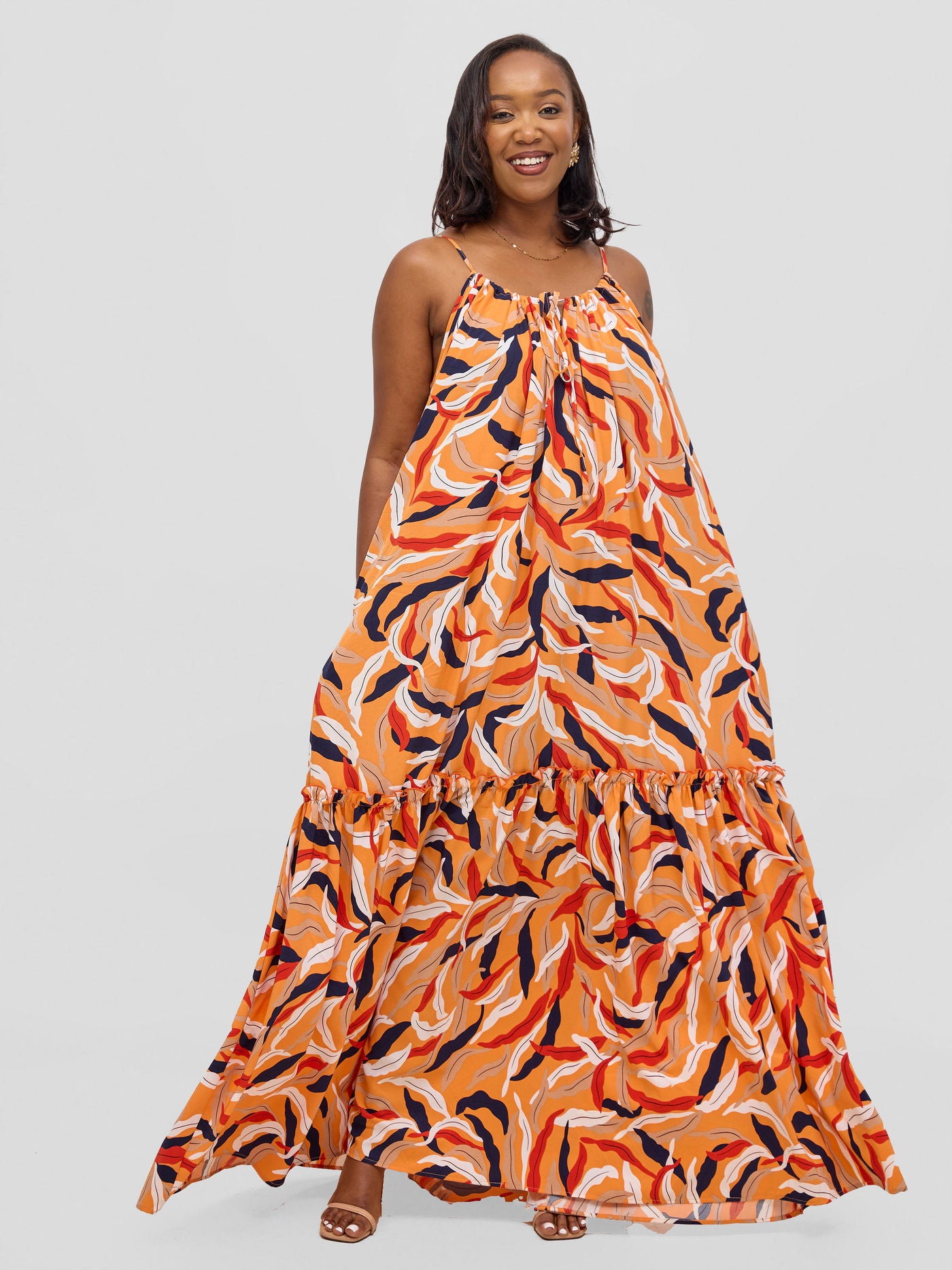 Vivo Sarabi Strappy Flounce Maxi Dress - Orange / Black Mali Print