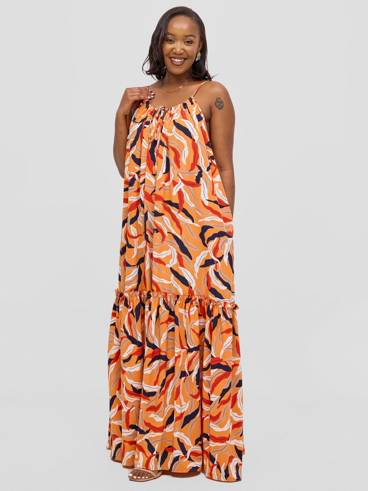 Vivo Sarabi Strappy Flounce Maxi Dress - Orange / Black Mali Print