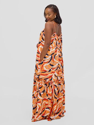 Vivo Sarabi Strappy Flounce Maxi Dress - Orange / Black Mali Print