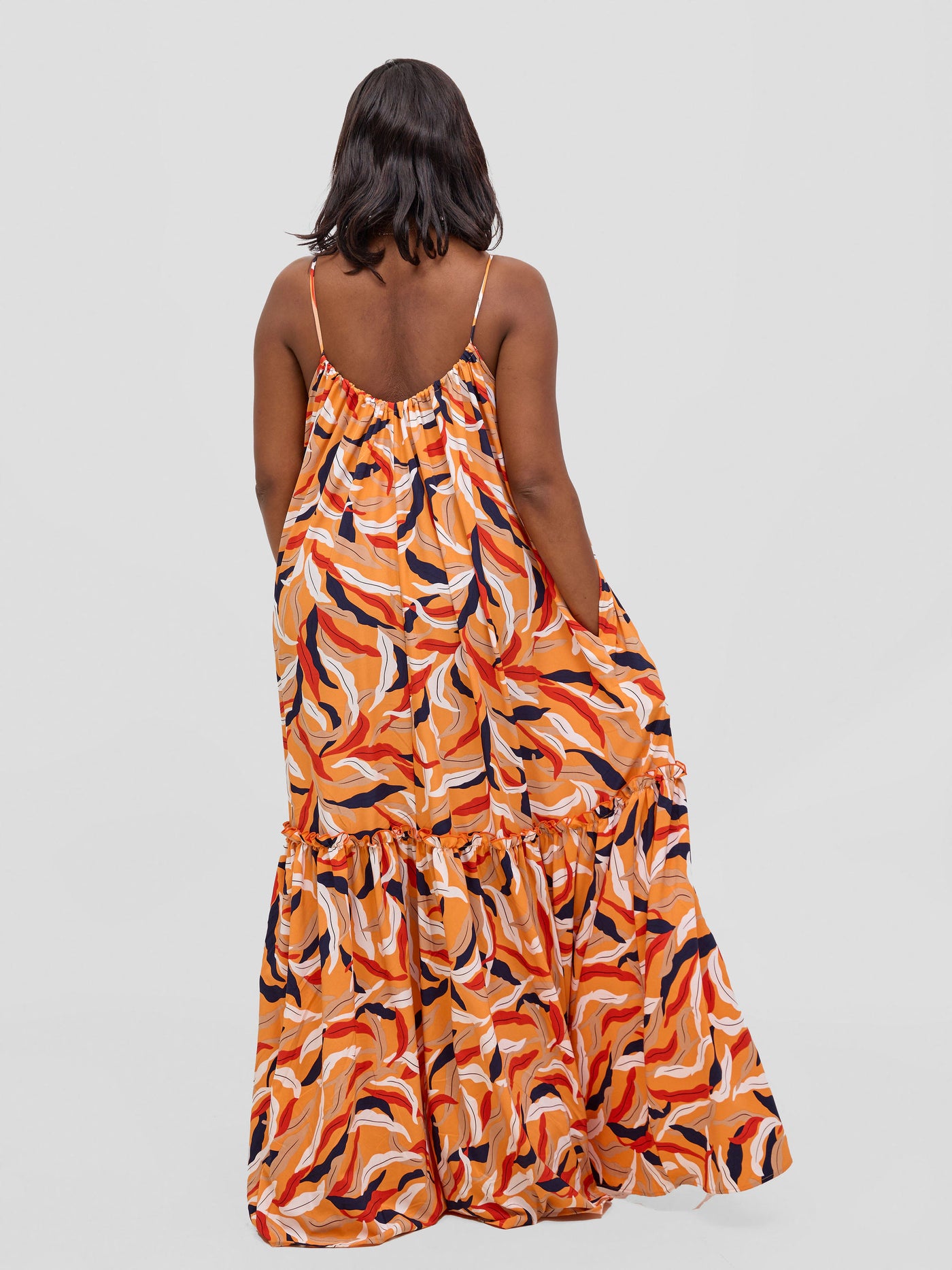 Vivo Sarabi Strappy Flounce Maxi Dress - Orange / Black Mali Print