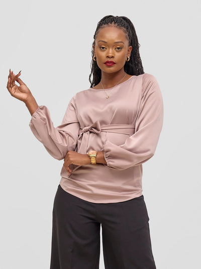 Vivo Meli Bishop Sleeve Tie Top - Taupe - Shopzetu