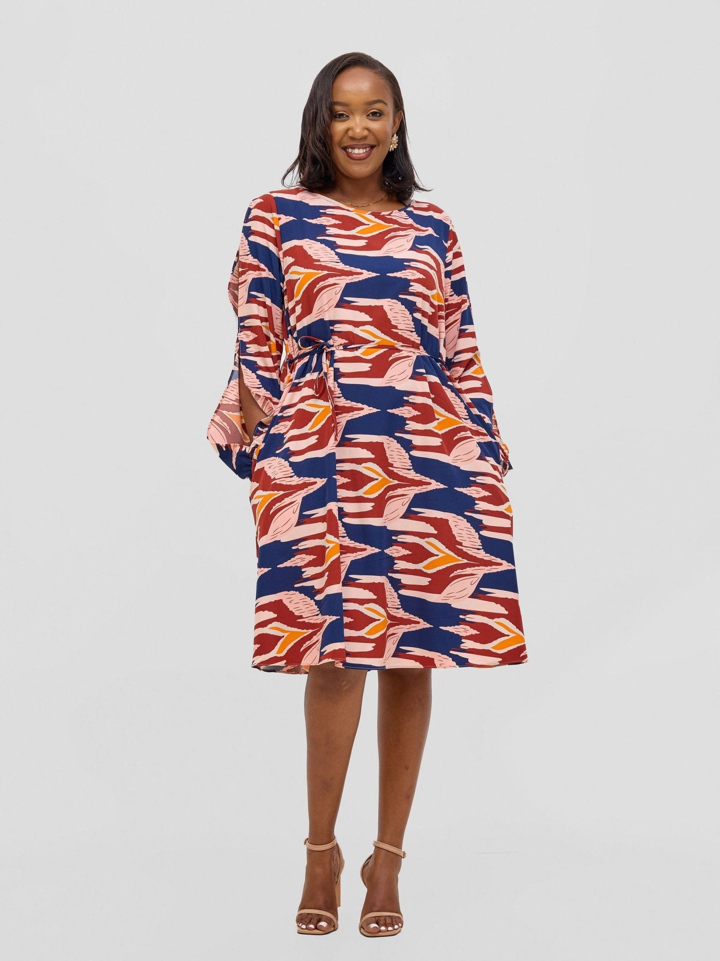 Vivo Tunu Long Slit Sleeve Knee Length Shift Dress - Navy / Burgundy Print - Shopzetu