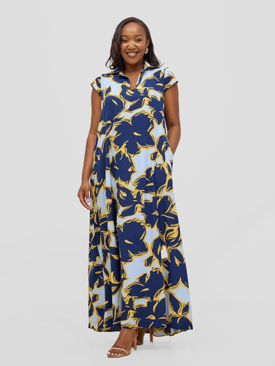 Vivo Zuri Cap Sleeved Maxi Dress - Navy / Cream Uri Print - Shopzetu