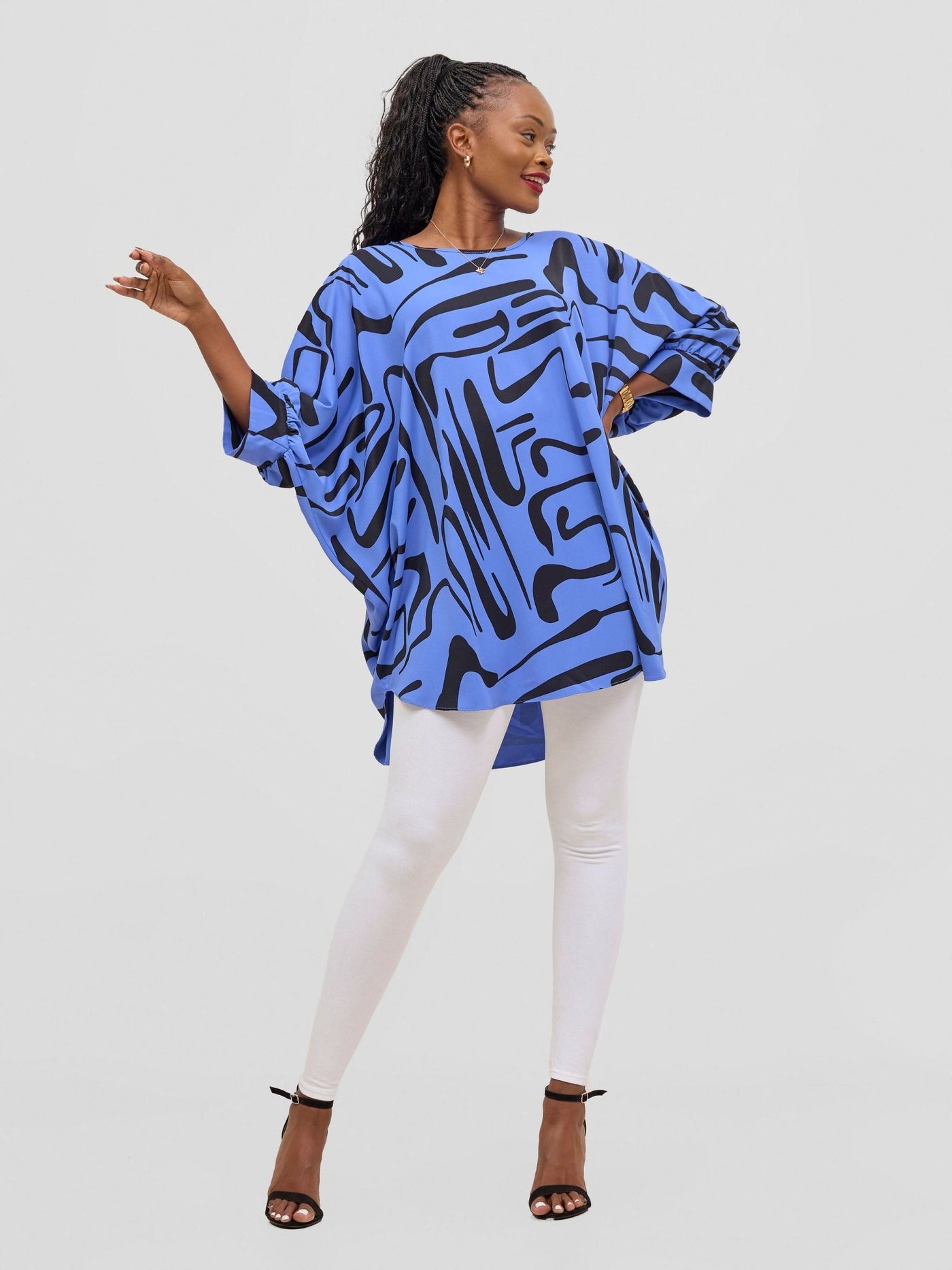 Vivo Mistari Gathered Sleeve Top - Blue / Black Sera Print - Shopzetu