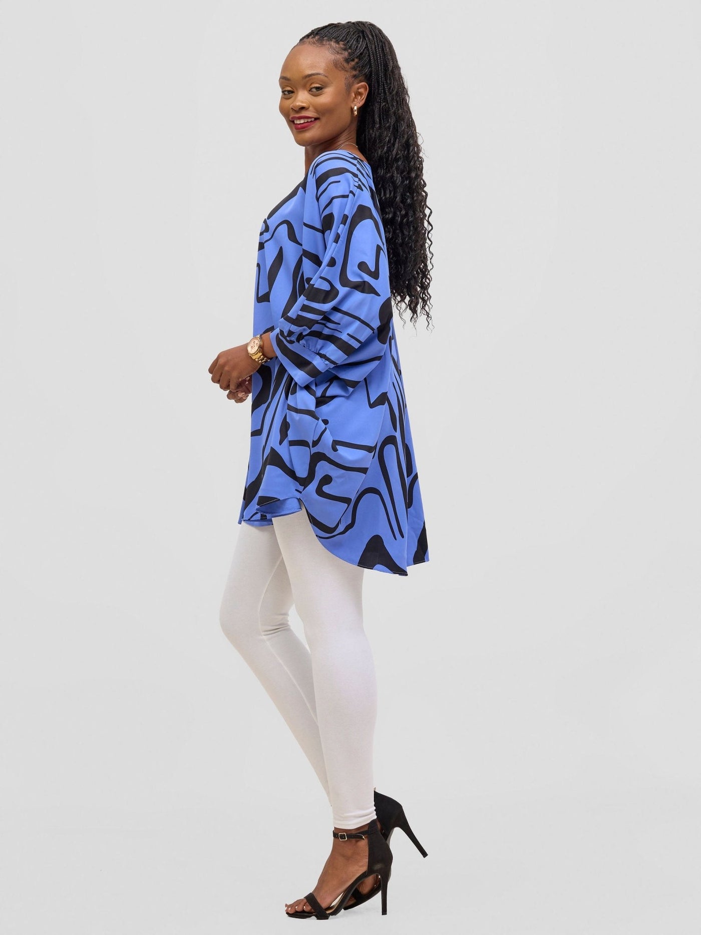 Vivo Mistari Gathered Sleeve Top - Blue / Black Sera Print - Shopzetu