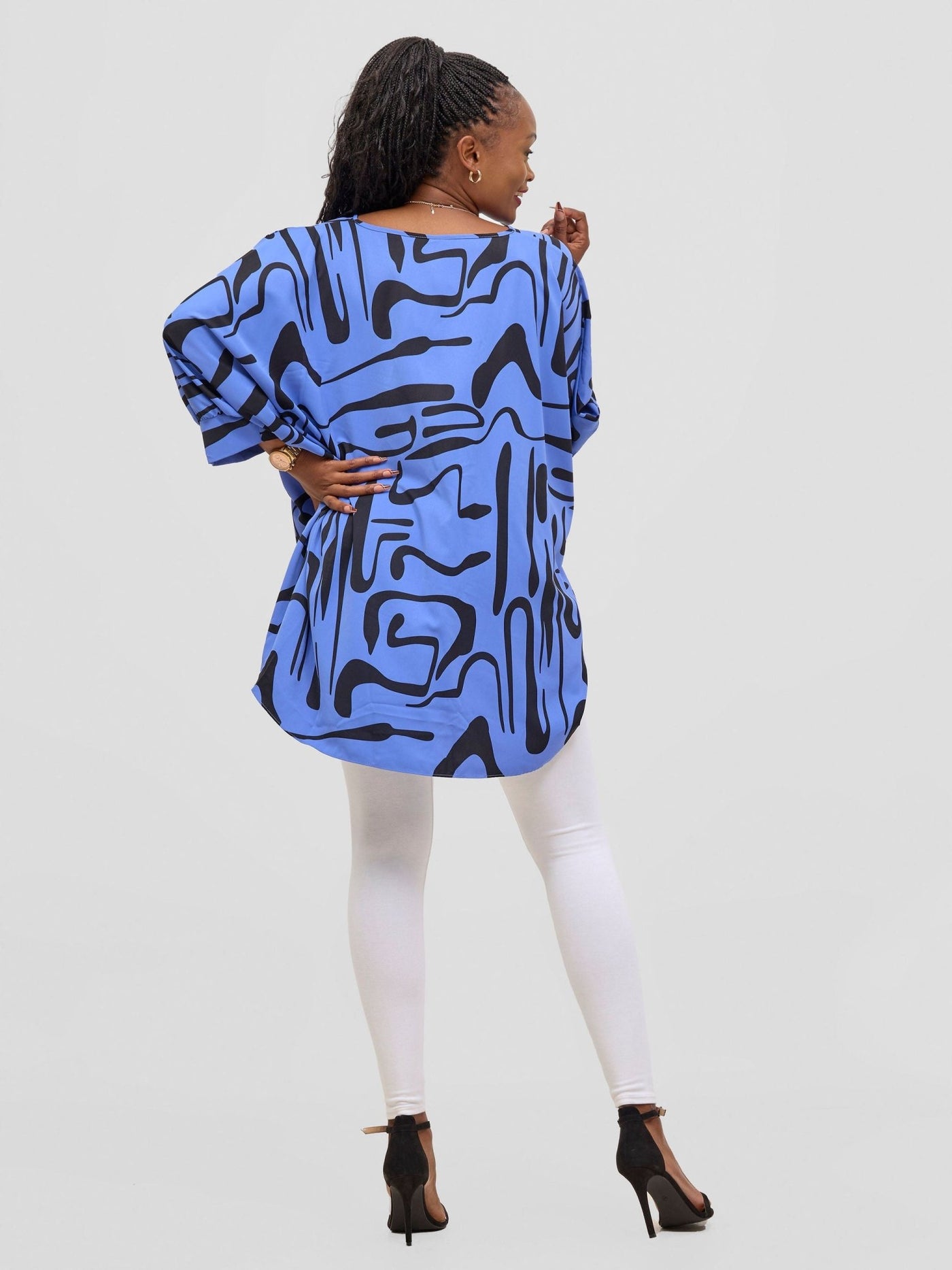 Vivo Mistari Gathered Sleeve Top - Blue / Black Sera Print - Shopzetu