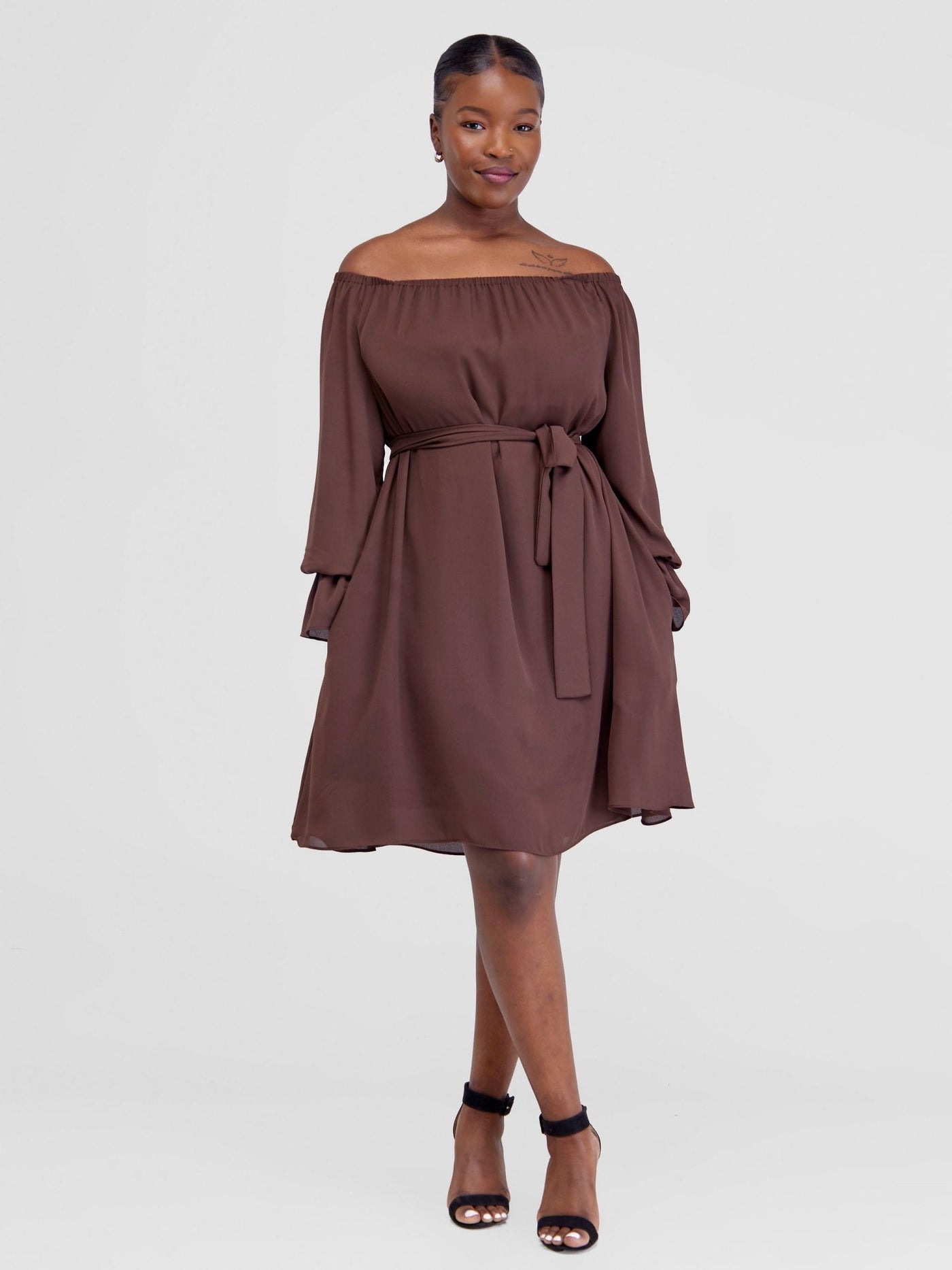 Vivo Jema Off Shoulder Tent Knee Length Dress - Chocolate - Shopzetu