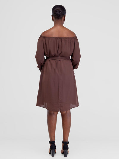 Vivo Jema Off Shoulder Tent Knee Length Dress - Chocolate - Shopzetu