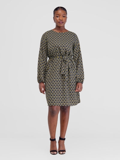 Vivo Zawadi Shift Dress - Navy / Yellow Print - Shopzetu