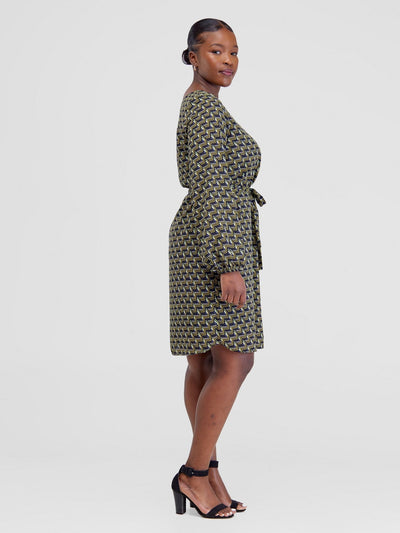 Vivo Zawadi Shift Dress - Navy / Yellow Print - Shopzetu