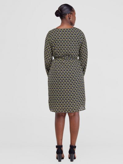 Vivo Zawadi Shift Dress - Navy / Yellow Print - Shopzetu