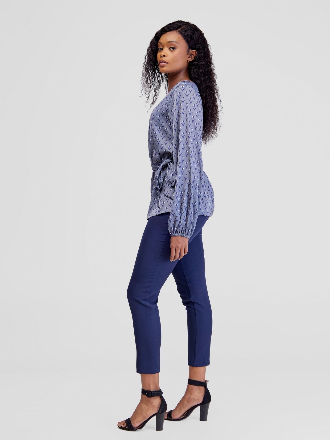 Vivo Basic Satin Bishop Sleeved Top - Grey / Navy Nina Print - Shopzetu