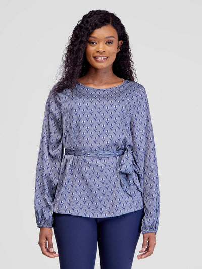 Vivo Basic Satin Bishop Sleeved Top - Grey / Navy Nina Print - Shopzetu