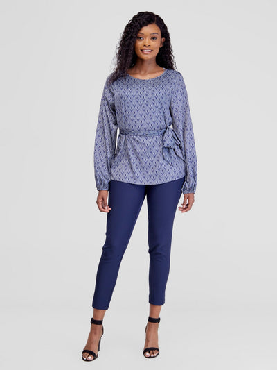 Vivo Basic Satin Bishop Sleeved Top - Grey / Navy Nina Print - Shopzetu