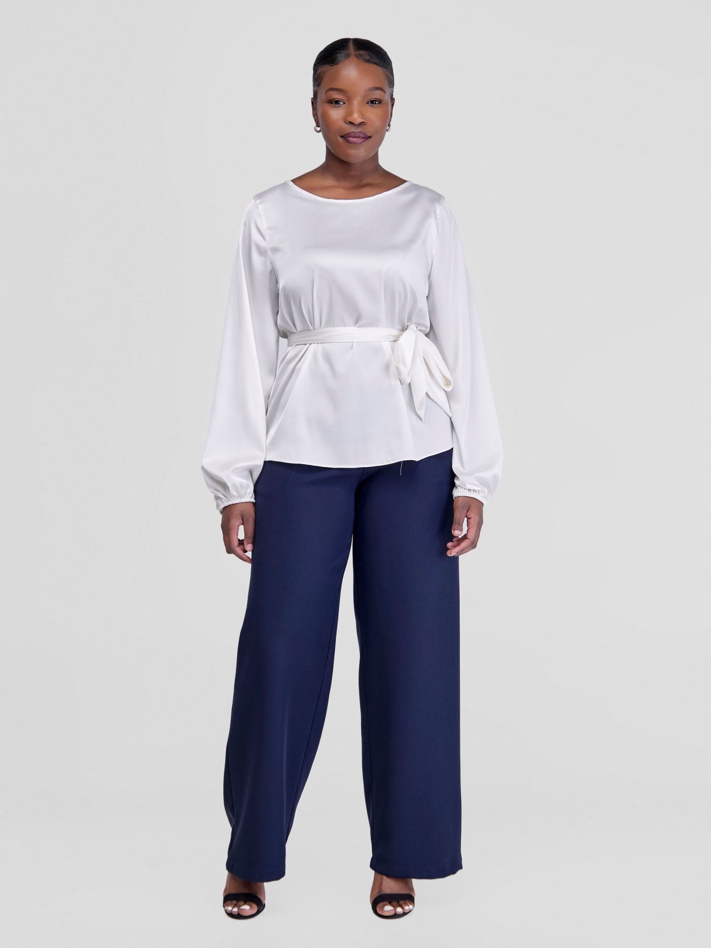 Vivo Basic Satin Bishop Sleeved Top - White - Shopzetu