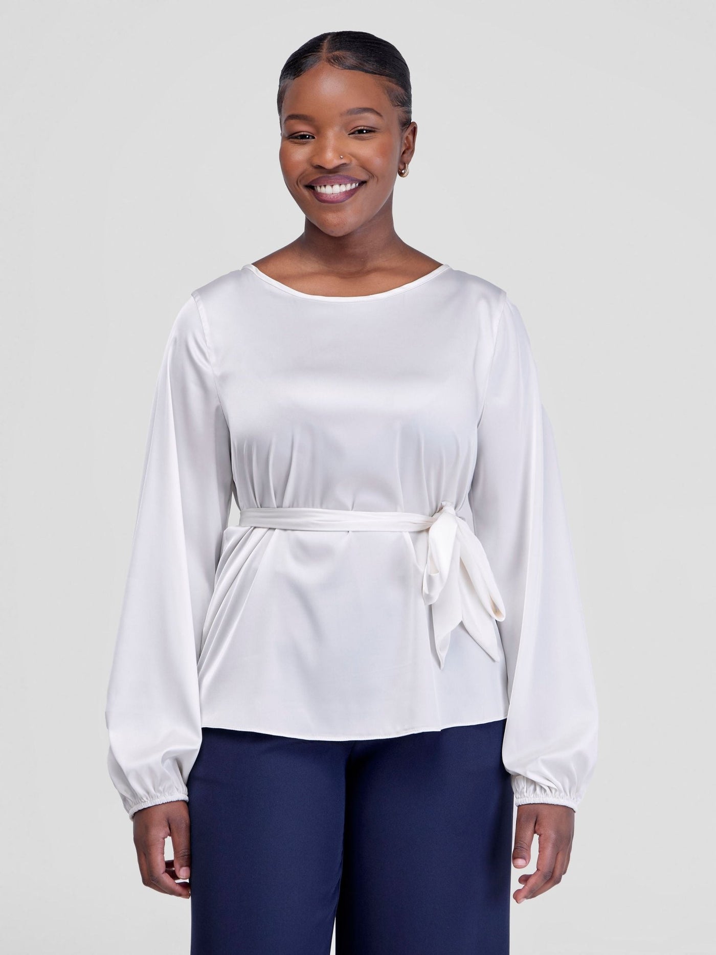 Vivo Basic Satin Bishop Sleeved Top - White - Shopzetu