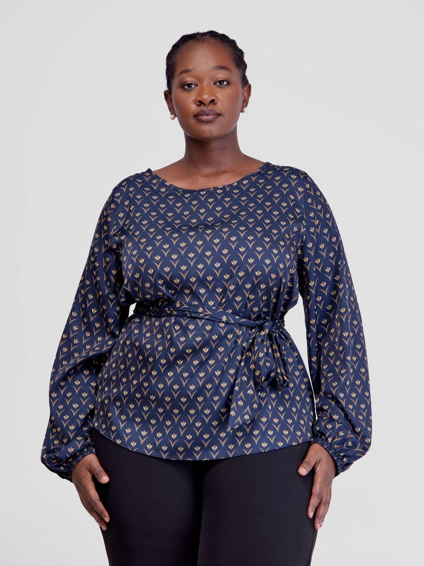 Vivo Basic Satin Bishop Sleeved Top - Navy / Yellow Nina Print - Shopzetu