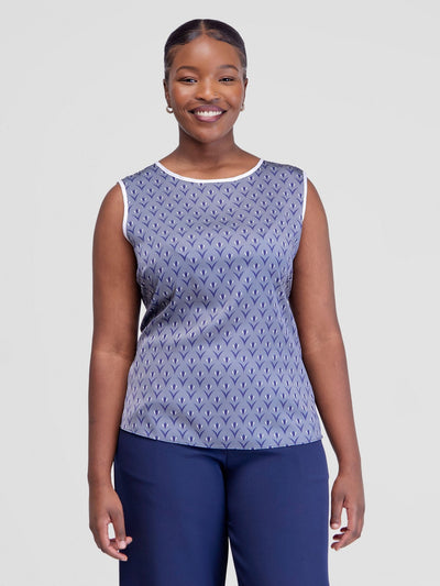 Vivo Vinna Belted Top - Grey / Navy Nina Print - Shopzetu