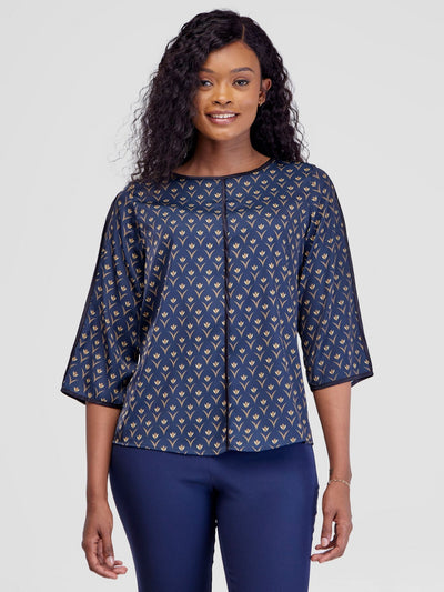 Vivo Vinna 3/4 Sleeve Top - Navy / Yellow Nina Print - Shopzetu