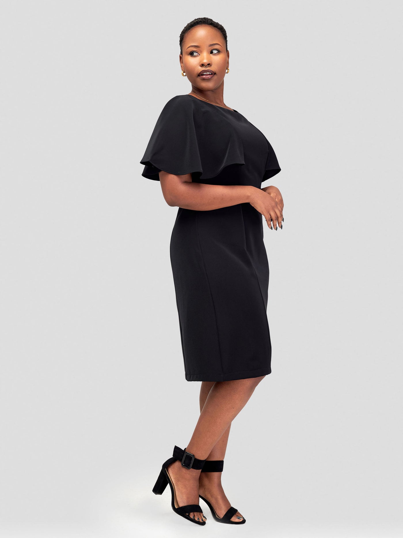 Vivo Sani Cape Sleeve Round Neck Sheath Dress - Black