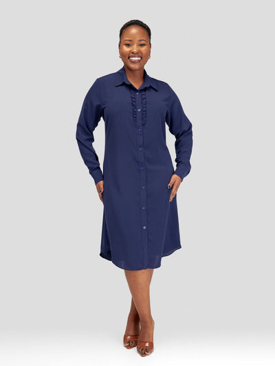 Vivo Sani Long Sleeve Ruffle Shirt Dress - Navy Blue - Shopzetu
