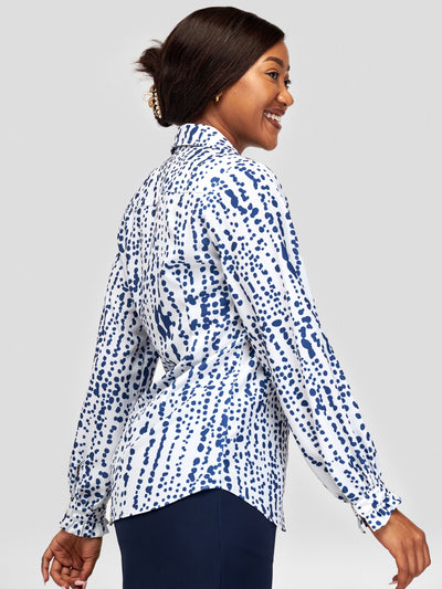 Vivo Sani Long Sleeve Ruffle Shirt - Off White / Navy Blue Abstract Print
