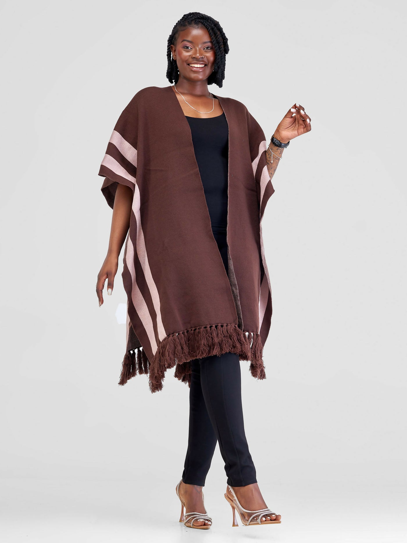 Anel's Knitwear Stari Fringe Poncho - Chocolate / Champagne