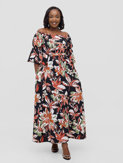 Vivo Tana Off Shoulder Maxi Dress - Multicolour Black Print - Shopzetu