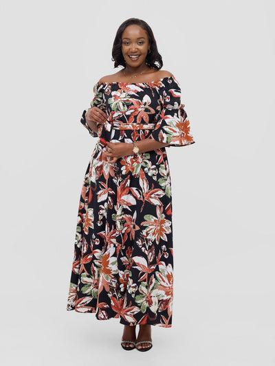 Vivo Tana Off Shoulder Maxi Dress - Multicolour Black Print - Shopzetu