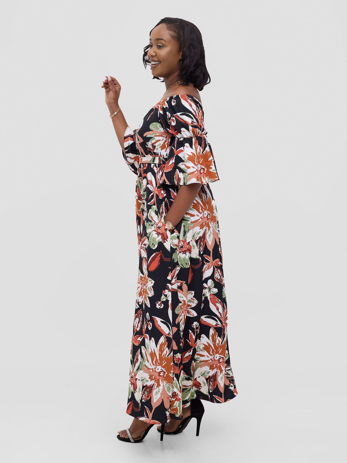 Vivo Tana Off Shoulder Maxi Dress - Multicolour Black Print - Shopzetu