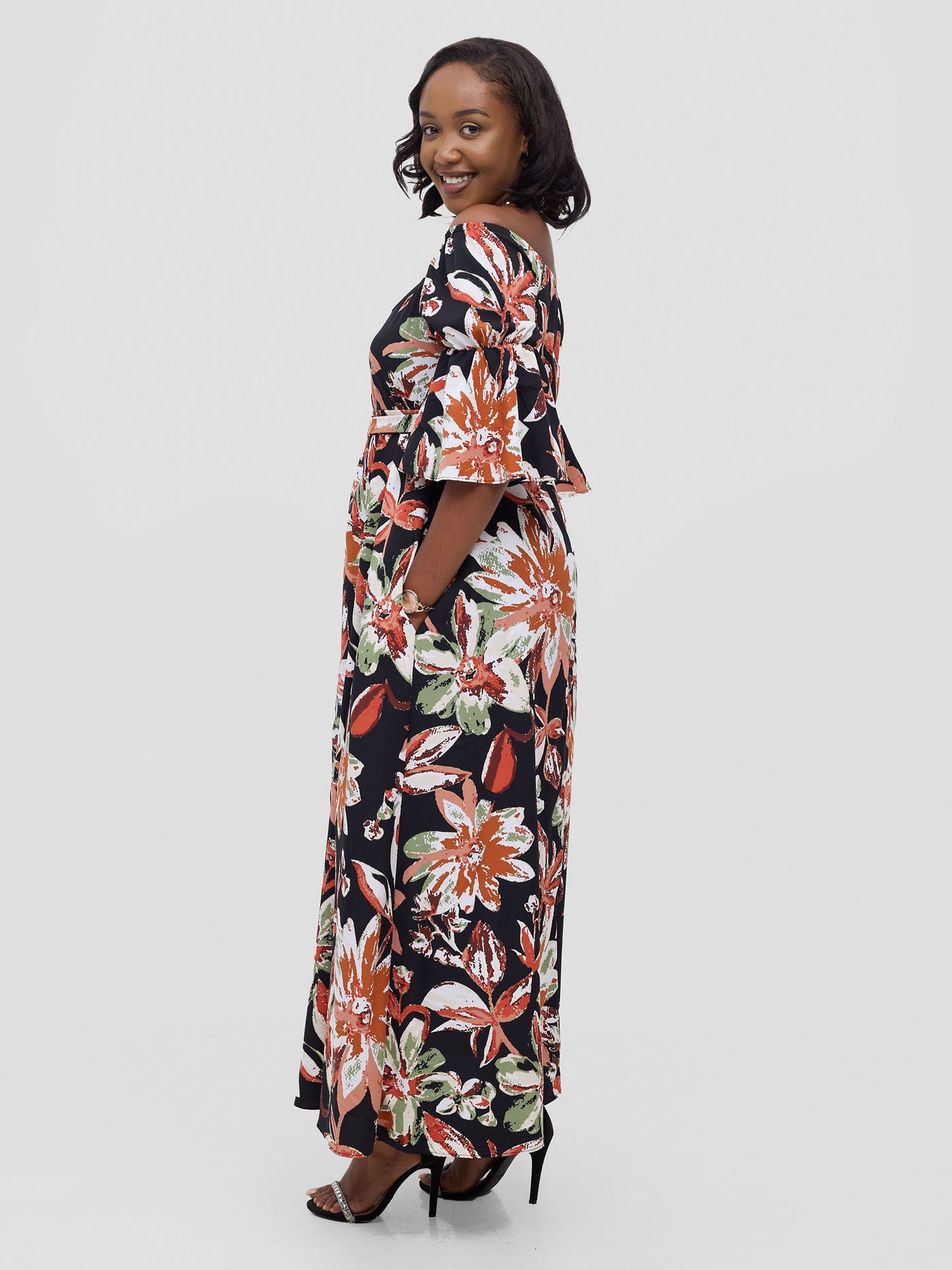 Vivo Tana Off Shoulder Maxi Dress - Multicolour Black Print - Shopzetu