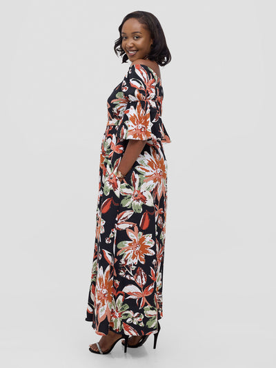 Vivo Tana Off Shoulder Maxi Dress - Multicolour Black Print - Shopzetu