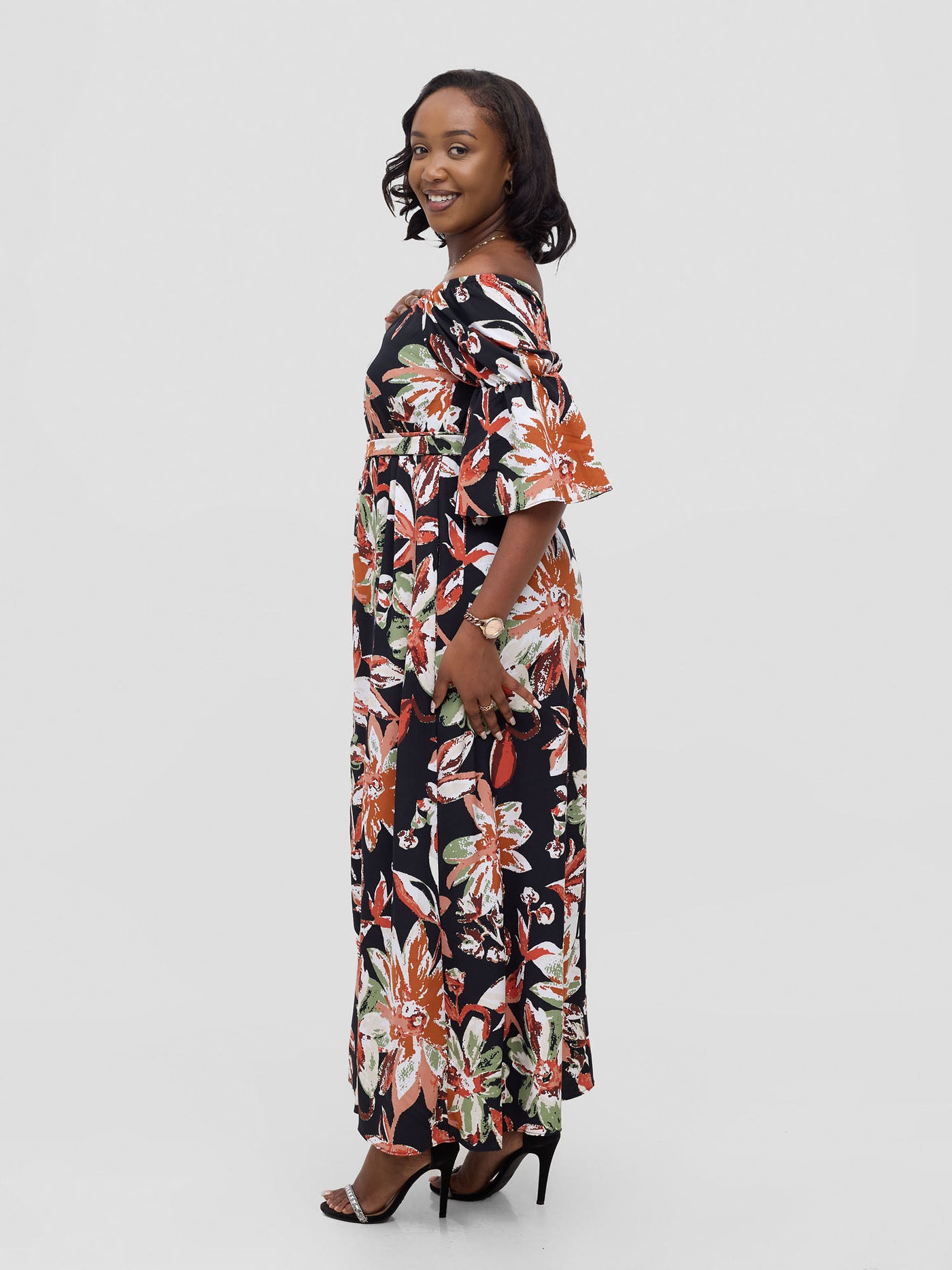 Vivo Tana Off Shoulder Maxi Dress - Multicolour Black Print - Shopzetu