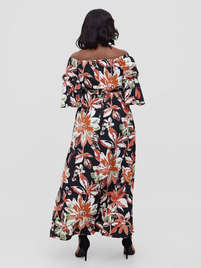 Vivo Tana Off Shoulder Maxi Dress - Multicolour Black Print - Shopzetu