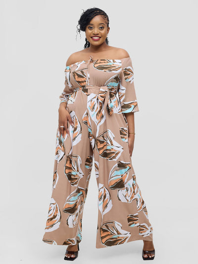 Vivo Zahari 3/4 Sleeve Off - Shoulder Jumpsuit - Taupe Ari Print - Shopzetu