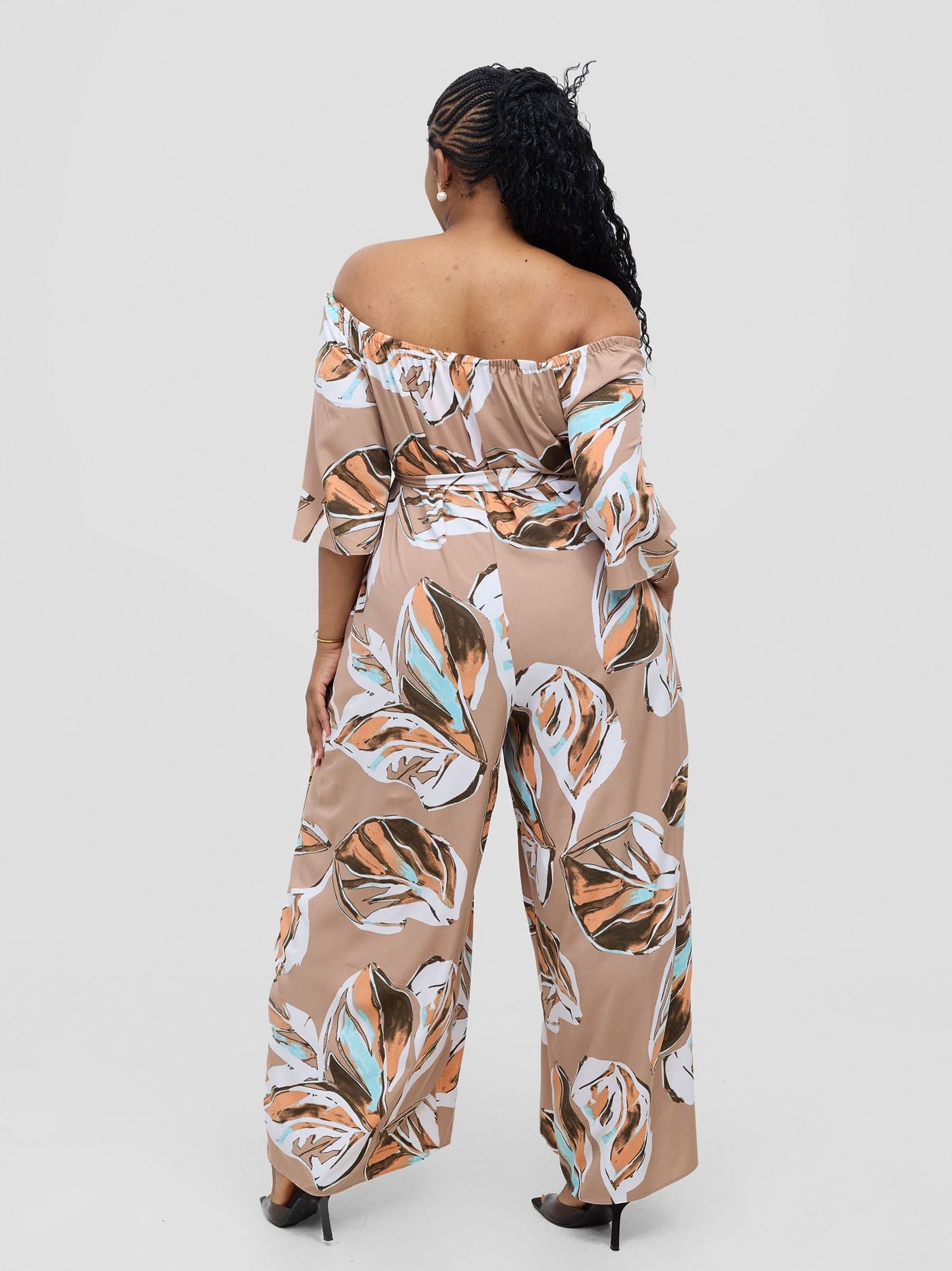 Vivo Zahari 3/4 Sleeve Off - Shoulder Jumpsuit - Taupe Ari Print - Shopzetu