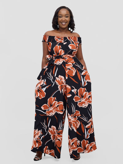 Vivo Alek Shirred Off - Shoulder Jumpsuit - Rust Jazah Print - Shopzetu