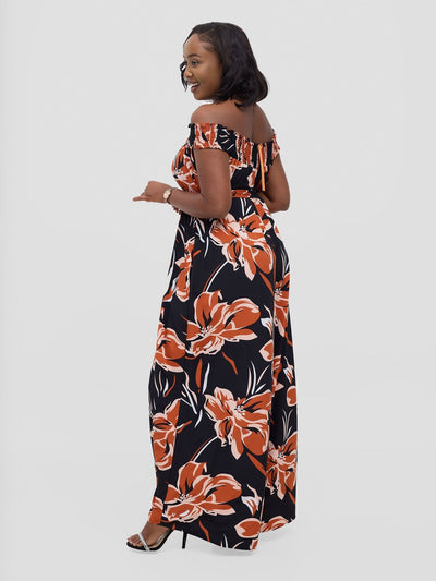 Vivo Alek Shirred Off - Shoulder Jumpsuit - Rust Jazah Print - Shopzetu