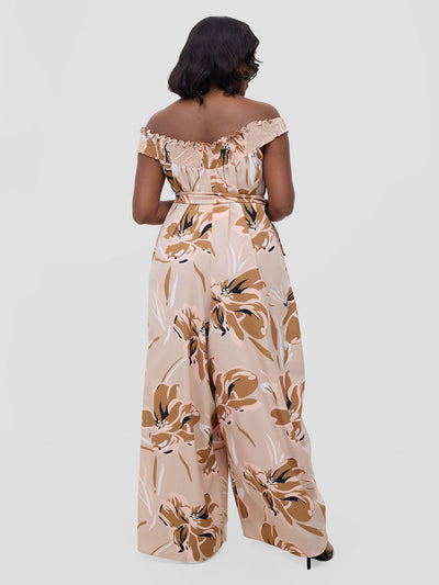 Vivo Alek Shirred Off - Shoulder Jumpsuit - Taupe Jazah Print - Shopzetu