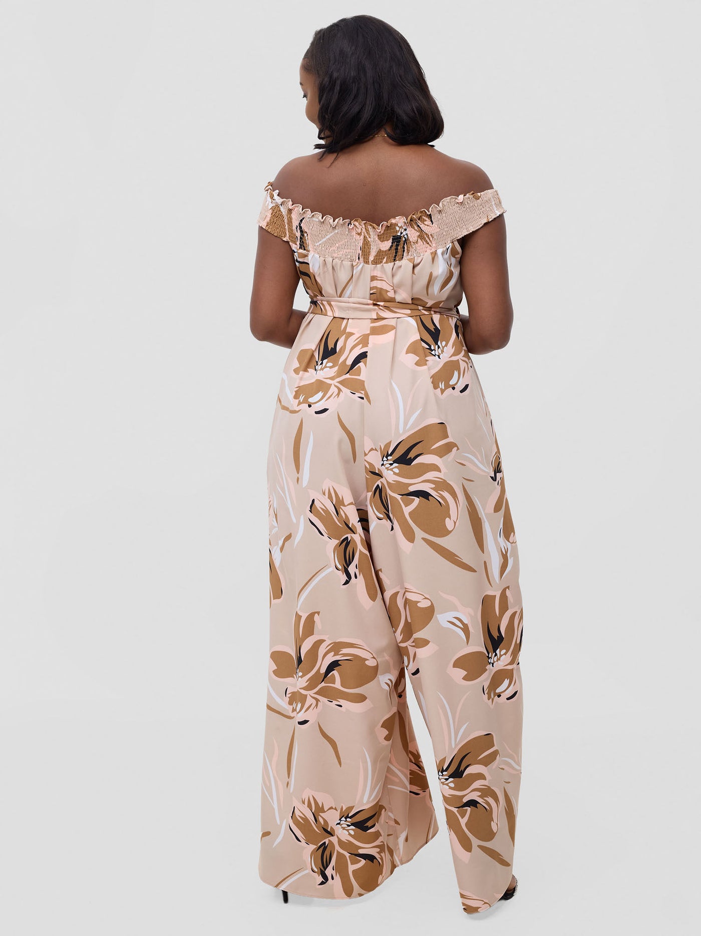 Vivo Alek Shirred Off - Shoulder Jumpsuit - Taupe Jazah Print - Shopzetu