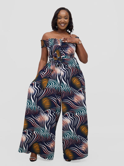 Vivo Alek Shirred Off - Shoulder Jumpsuit - Navy Jazah Print - Shopzetu